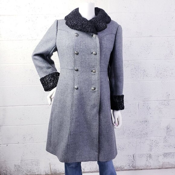Vintage Curly Lamb Fur Wool Coat Double Breasted Knee Length Coat Gray  Medium - Picture 2 of 16